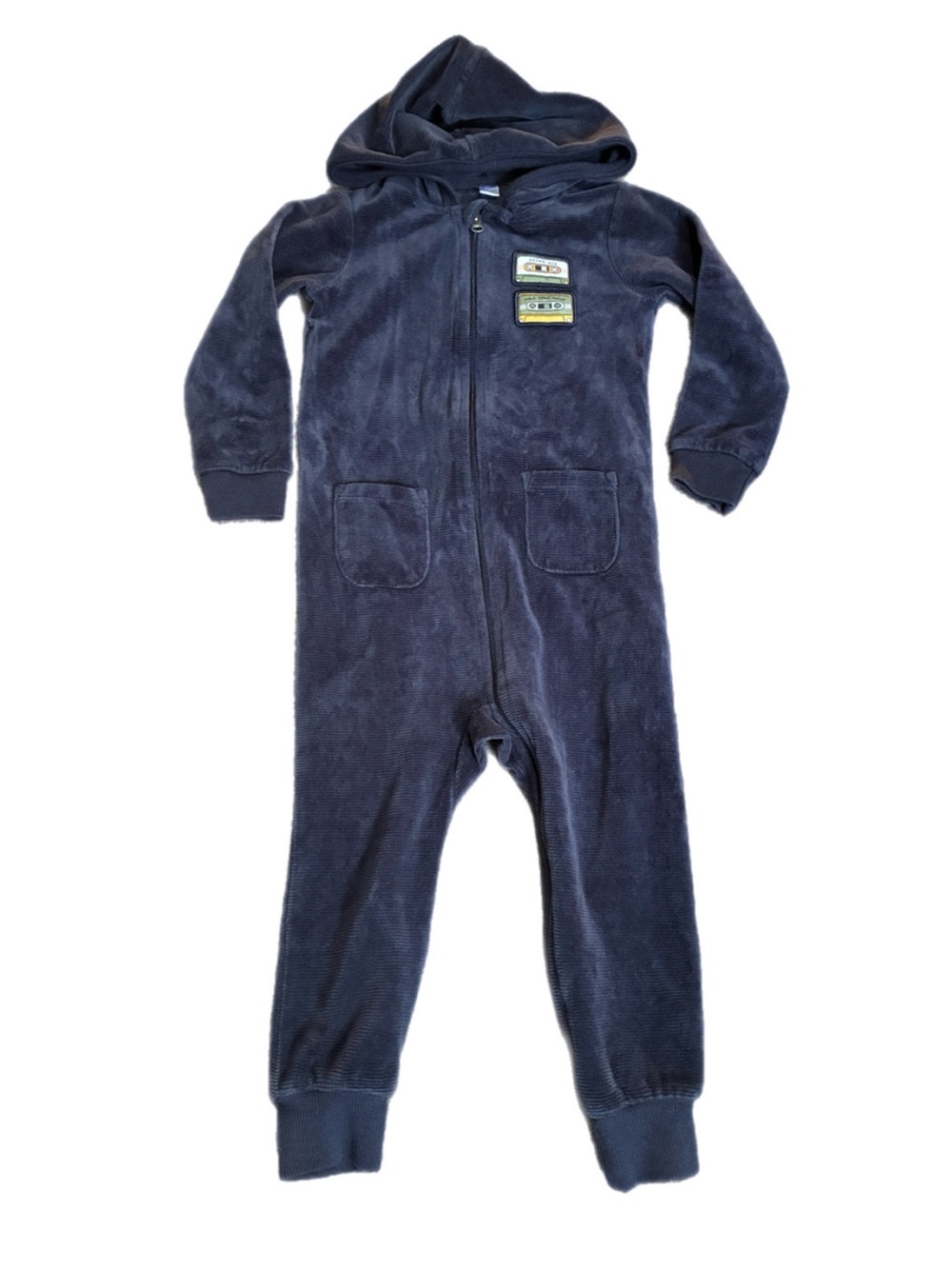 Petit Lem Velour Zip Romper Navy Hooded Jumpsuit Retro Cassette Patch Sz 24 Mos